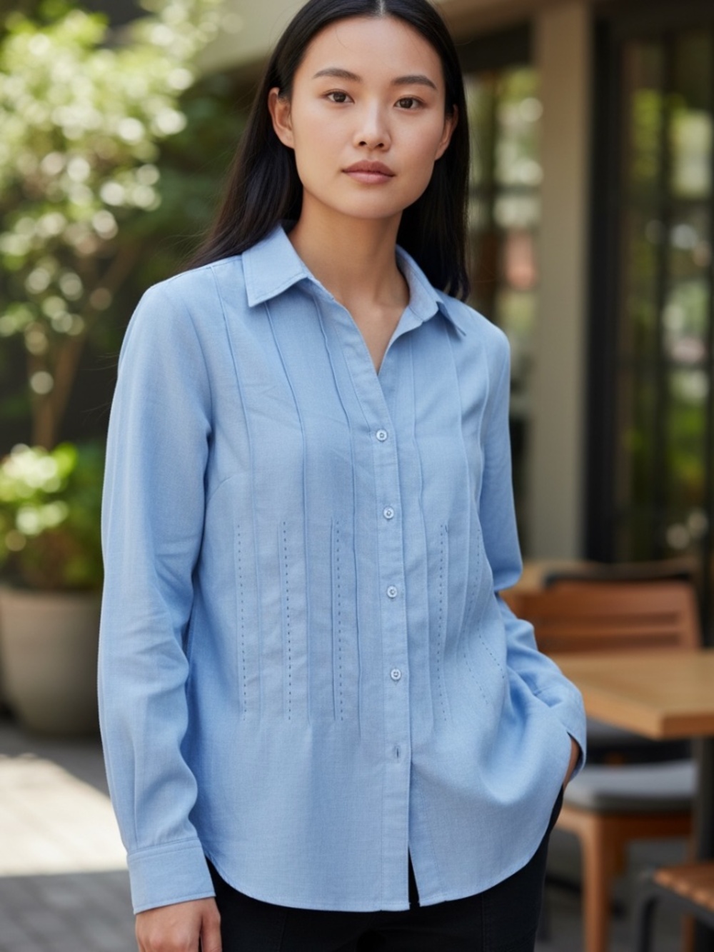 Lemon Grass Studio • Blue Suede-Like Button Down Blouse • Vintage • Size M